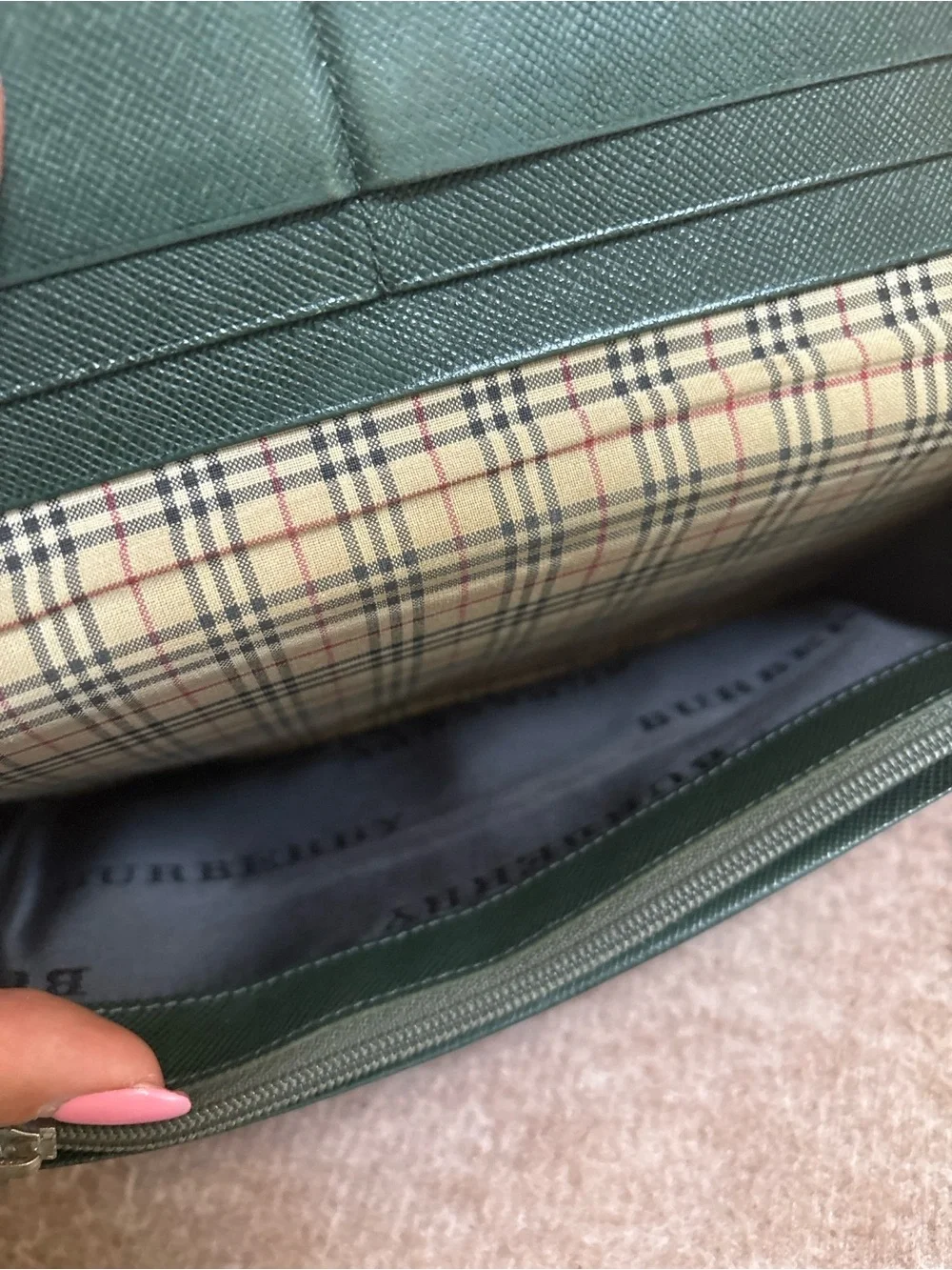 Burberry Dark Green Textured Leather Long Wallet